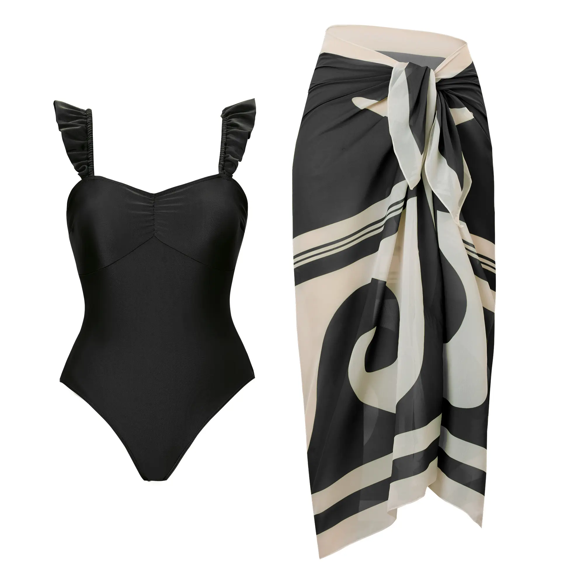 Women’s two-piece fashionable printed swimwear set | One-piece swimsuit + cover skirt, stylish beach swim skirt