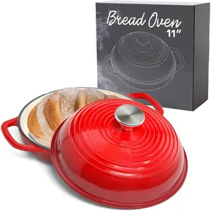 Enameled Cast Iron Bread Pan with Lid, 11" Red Bread Oven Cast Iron Sourdough Baking Pan, Dutch Oven for Bread, No Seasoning Needed -