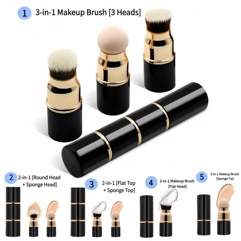 Mini Three-In-One Makeup Brush Set, Foundation Brush, Loose Powder Brush, Blush Brush, Sponge, Portable Set, Ideal for Travel and Gifts, Multifunctional Makeup Brushes, Multifunctional Makeup Tools, Multitasker Brush