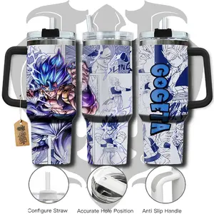 WeXAnime 40oz DBZ Gogetta Stainless Steel Tumbler with Black 40oz Cap & Handle - Portable, Double-Wall Vacuum Insulated Beverage Cup with Cover, Saiyan Warrior Anime-Inspired Washable Travel Mug, Otaku Gift