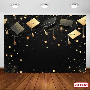 1pc Graduation Tapestry - Elegant Golden Caps & Stars on Black Background, Horizontal Party Backdrop for Graduation Decorations, Photo Booths, Live Streaming - Lightweight Peach Light Beige Fabric Indoor/Outdoor De