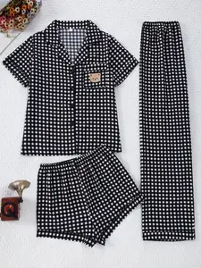 Women's 3-Piece Bubble Crinkle Loungewear Set, Bear Embroidered Short Sleeve Open Front Top with Shorts & Long Pants, Wearable Outside Pajama Set