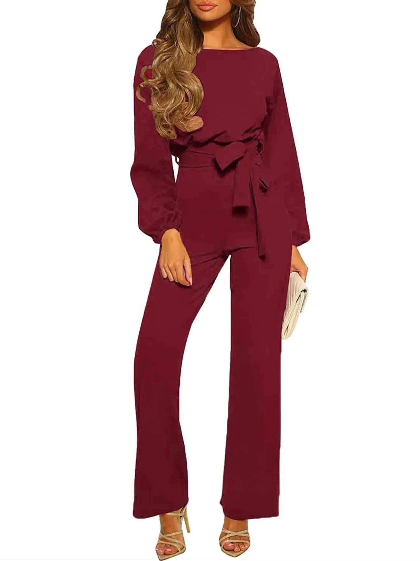 Women's Solid Color Belted Jumpsuit, Adjustable Waist Jumpsuit, Long Sleeve Style, Casual Jumpsuit for Daily Outdoor Wear, Womenswear
