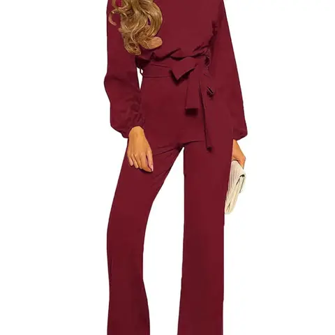 Women's Solid Color Belted Jumpsuit, Adjustable Waist Jumpsuit, Long Sleeve Style, Casual Jumpsuit for Daily Outdoor Wear, Womenswear