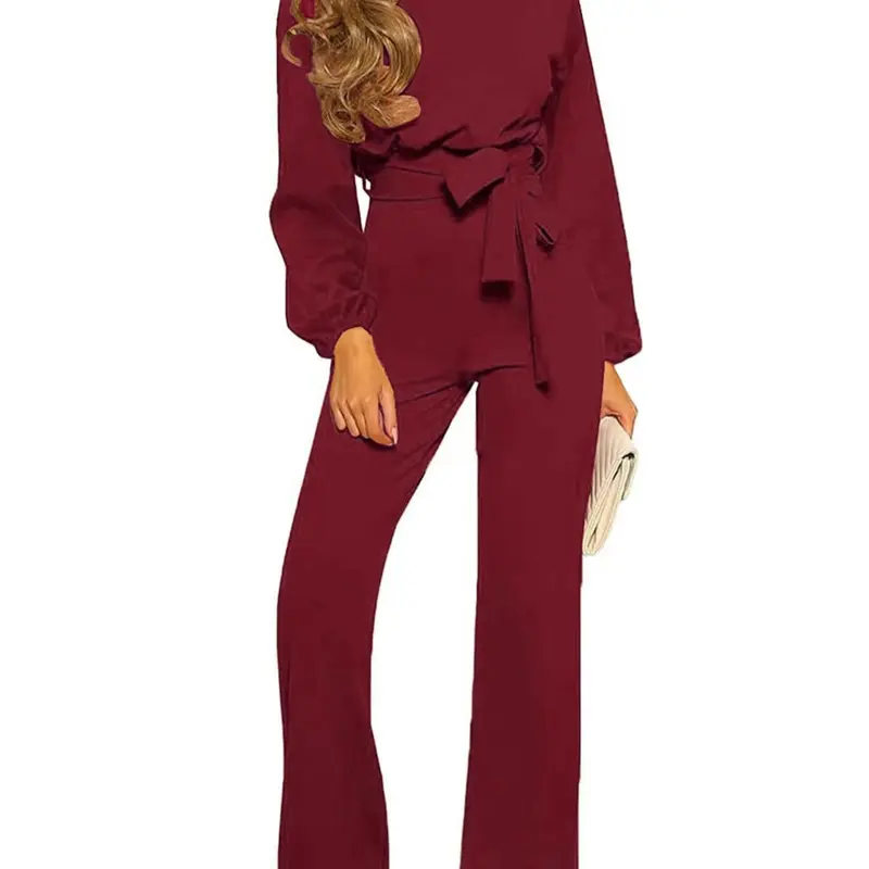 Women's Solid Color Belted Jumpsuit, Adjustable Waist Jumpsuit, Long Sleeve Style, Casual Jumpsuit for Daily Outdoor Wear, Womenswear