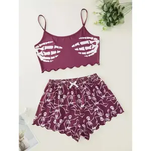 Women's Halloween pumpkin skull printed vest and shorts pajama set, suitable for parties or comfortable nights at homeRAIMENTRY