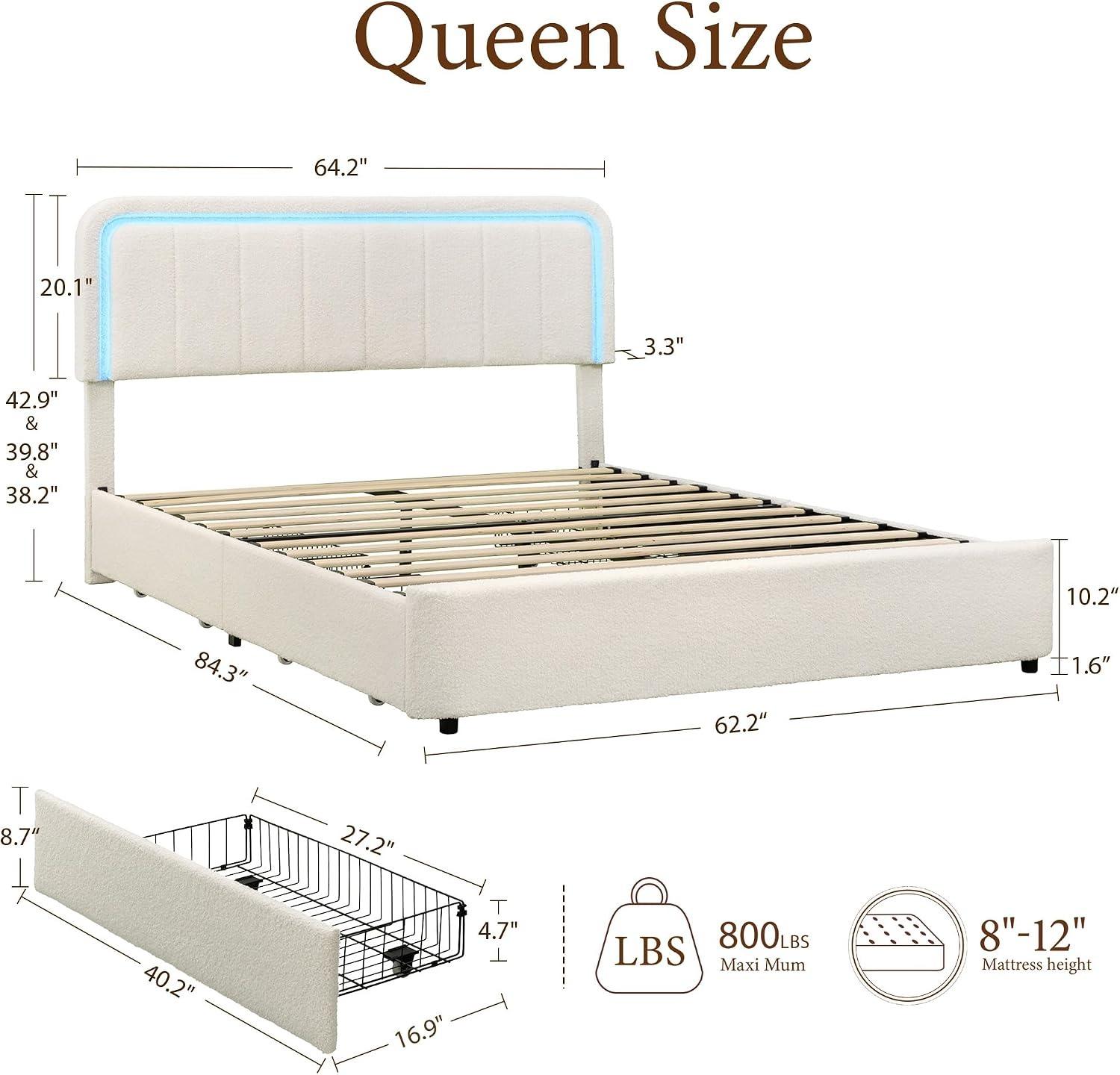 Cloud Bed Frame with LED Light, Boucle Upholstered Bed | Beige, 4 Storage Drawers, Soft Curved Corners, No Box Spring Needed, Easy Assembly, Adjustable Headboard Cloud Bed Frame with LED Light, Boucle Upholstered Bed | Beige, 4 Storage Drawers, Soft Curved Corners, No Box Spring Needed, Easy Assembly, Adjustable Headboard