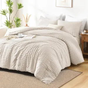 Beige Seersucker Queen Comforter Set (90x90 inches), 3 Pieces-100% Soft Washed Microfiber Lightweight Comforter with 2 Pillowcases, All Season Down Alternative Comforter Set for Bedding