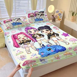 3-Piece Cute Chibi K-pop Idol Fitted Sheet Set, 1 Fitted Sheet + 2 Pillowcases, Ultra Soft & Breathable Microfiber, Deep Pocket Non-Slip Mattress Cover, Fairy Tale Cartoon Bedding for Girls Teens Bedroom Dorm