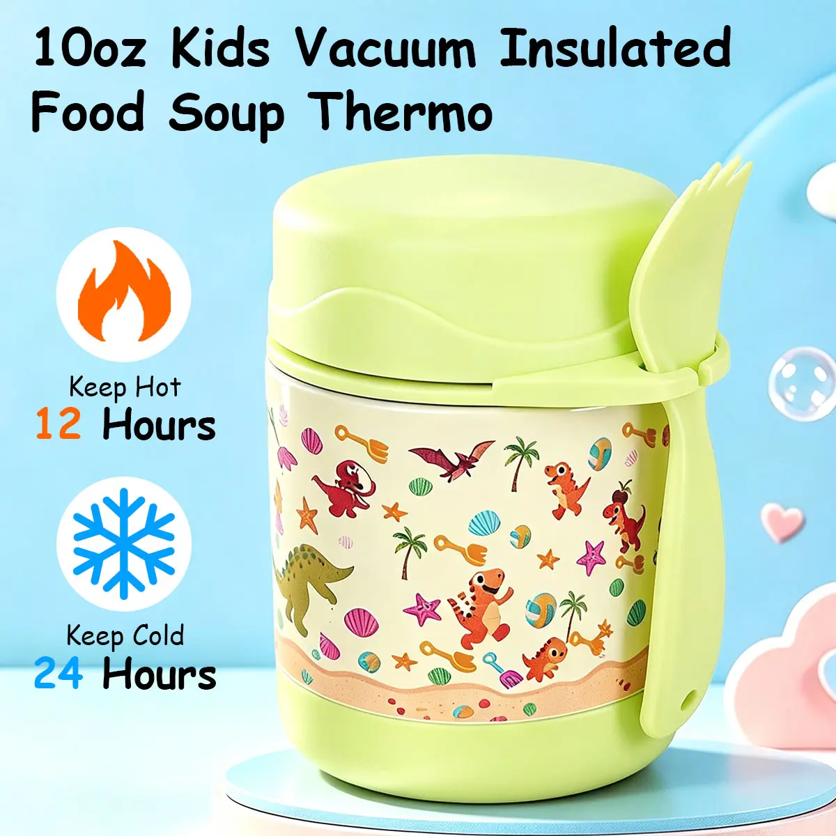 10oz Kids Insulated Food Jar with Spoon, Stainless Steel Vacuum Soup Thermos, Leakproof Wide Mouth Lunch Container for Hot & Cold Food, Back to School, School Lunch & Travel