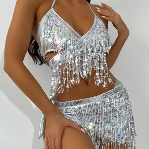 Electronic music festival split swimsuit three-piece set glitter cloth sexy fringed bikini women