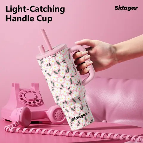 Sidagar 40oz Tumbler Cup for Women S316L Stainless Steel Insulated Water Bottle with Straw Lid Handle Leak Proof Slim Base Fits Car Cup Holder Cute Valentine’s Day Gift Cups for Gym Travel