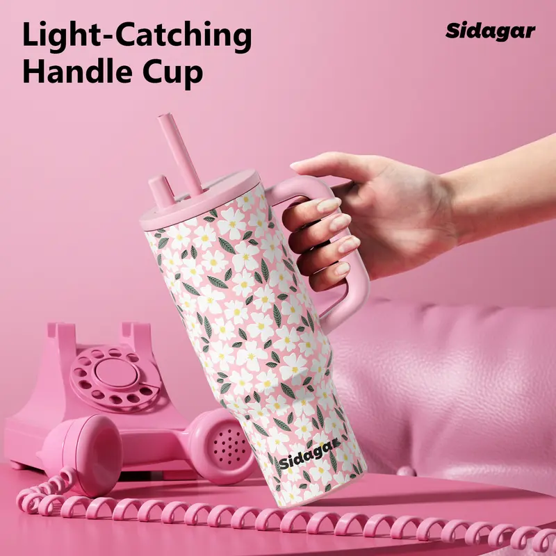 Sidagar 40oz Tumbler Cup for Women S316L Stainless Steel Insulated Water Bottle with Straw Lid Handle Leak Proof Slim Base Fits Car Cup Holder Cute Valentine’s Day Gift Cups for Gym Travel