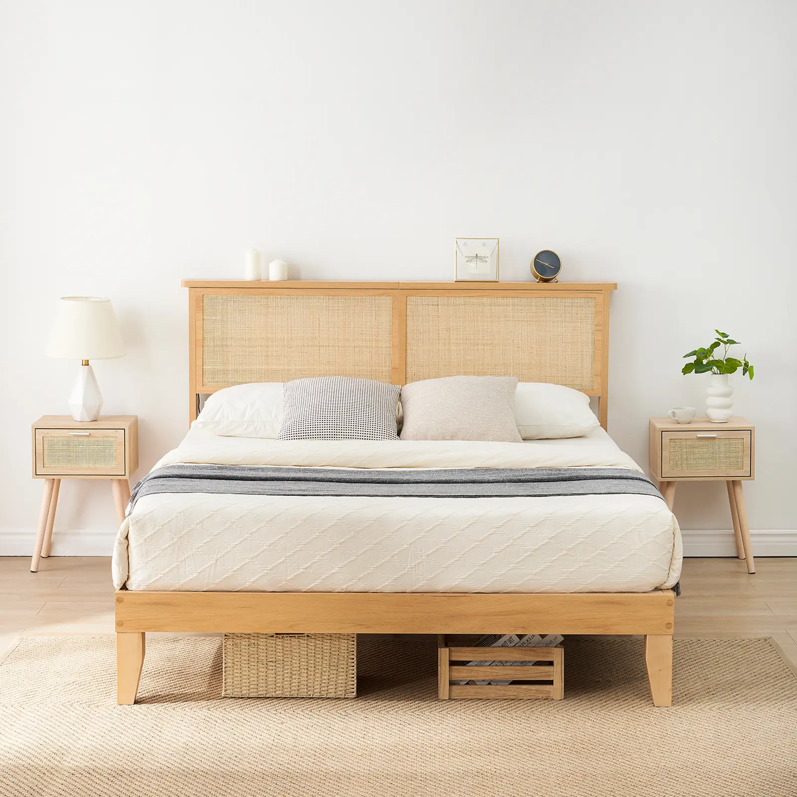 Rattan Bed Frame with Natural Rattan Headboard, LED Lights, and Sturdy Wood Platform - Silent Slats, No Box Spring Required - Bohemian Style Bedroom Furniture