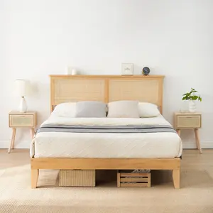 Rattan Bed Frame with Natural Rattan Headboard, LED Lights, and Sturdy Wood Platform - Silent Slats, No Box Spring Required - Bohemian Style Bedroom Furniture