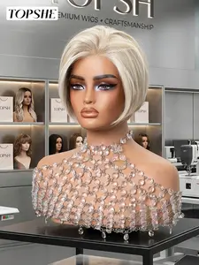 Topshe High-Definition Lace Bob Wig, 8 Inches, Light Blonde, Heat Resistant, No Glue, Easy Wear, Perfect for Photoshoots & Office Use