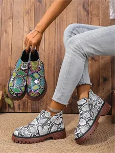 Women's Fashionable Snake Skin Print Boots, Casual Comfortable Ankle Boots for Daily Wear, Perfect for Women & Girls for Outdoor Wear