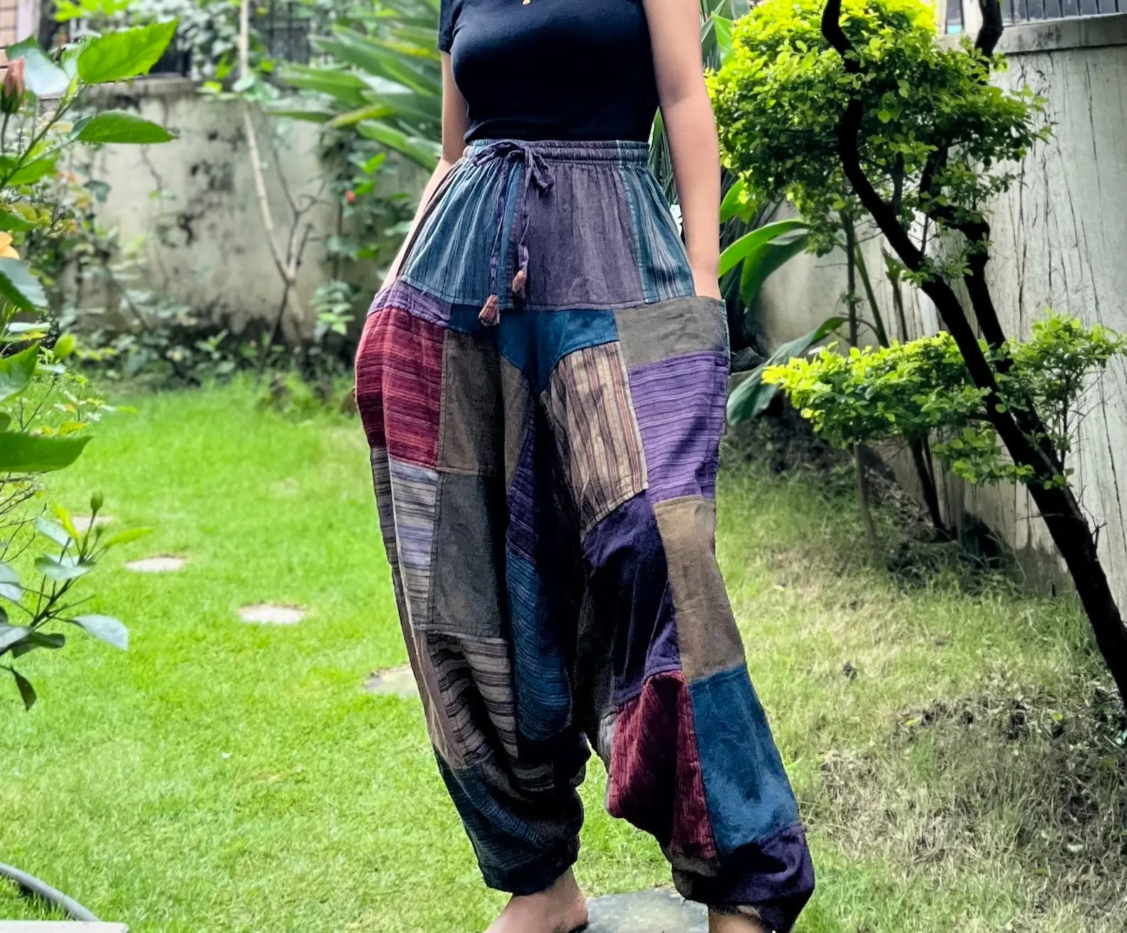 Cottom Patchwork Harem Pant - Colorful Patch Design, Loose-Fitting, All Seasons, Comfortable for Women