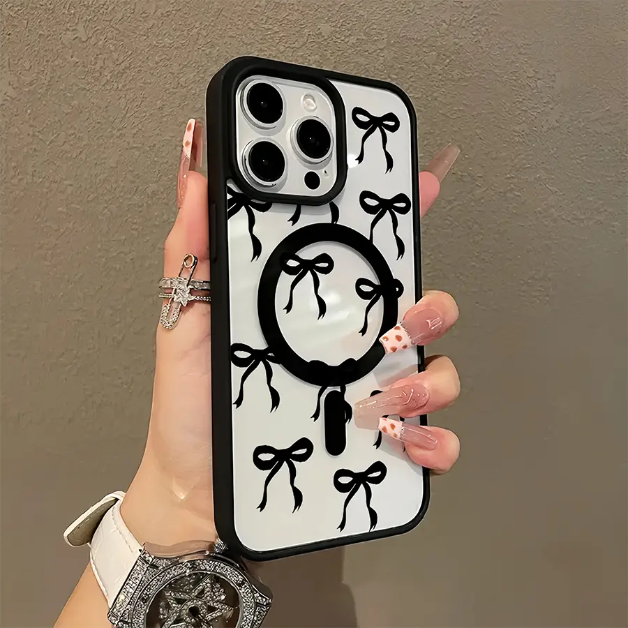 MagSafe Compatible Minimal Black Bow TPU iPhone Casing - Shockproof Smartphone Cover with Camera Protection, Handheld Cellphone Device Accessory for iPhone 17 Pro Max,16,15,14,13,12,11 - Ideal Birthday Gift, Devices