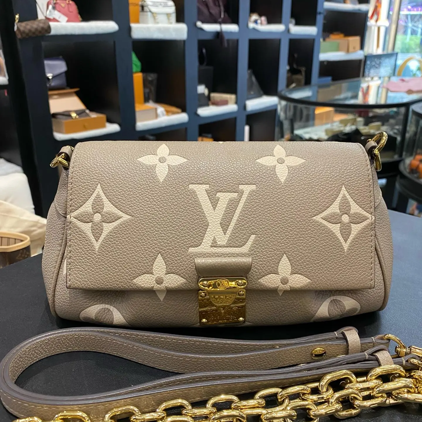 Pre-owned Louis Vuitton Favorite NM in Tourterelle/Crème Bicolor Monogram Empreinte Leather, M45836 XH074