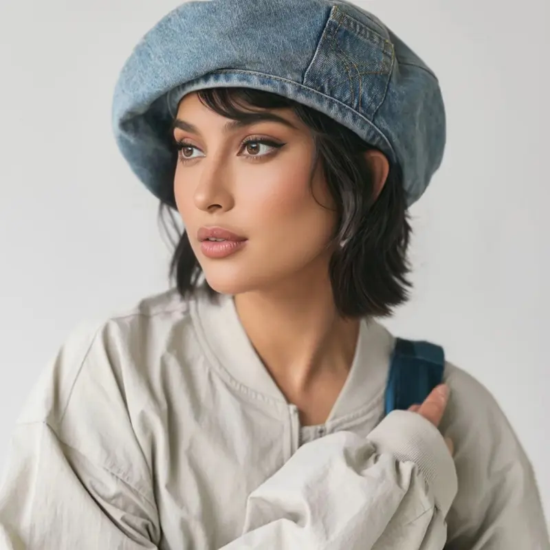 Women's Vintage Washed-Denim Beret with Pocket, Casual Streetwear Style, 56–60 cm Head Circumference Fashionable Hats for All Seasons