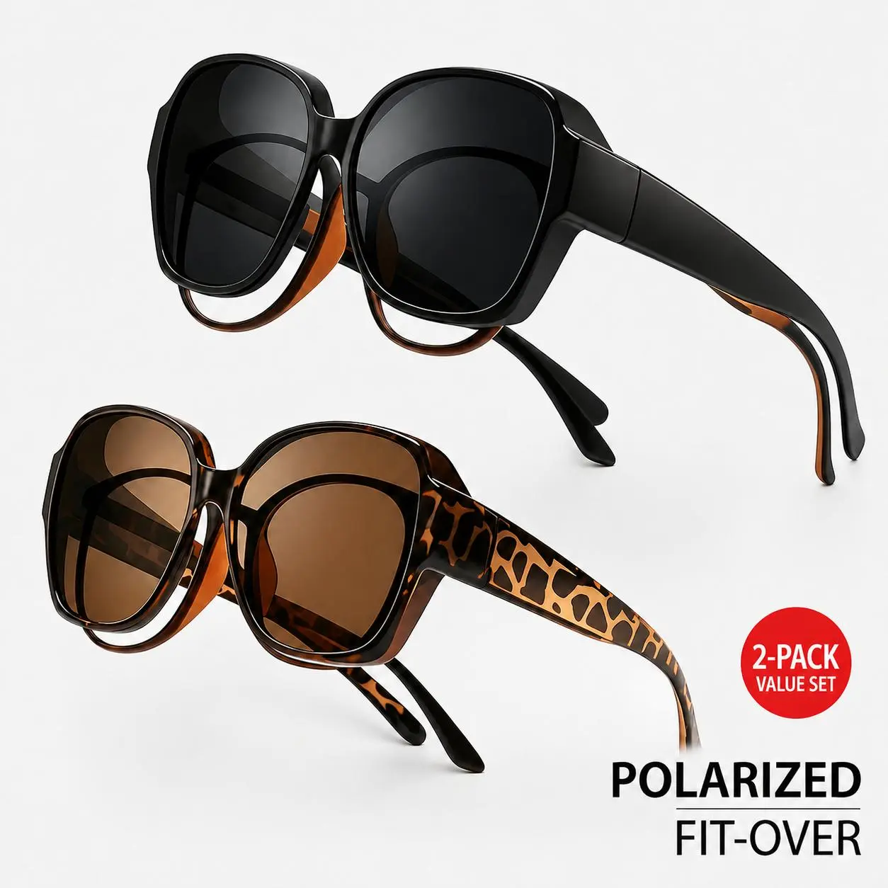 2-Pack Oversized Retro Fit-Over Sunglasses for Men Women (18+ Years) - Slide Over Prescription Glasses, Wear Alone, UV Protection, Casual Sports Outdoor Eyewear for Driving, Daily Use, Sunglasses For Women, Men's Sunglasses