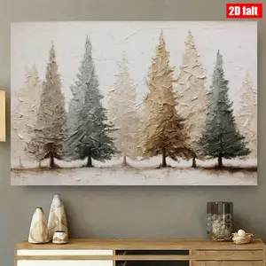 [2D Flat] 1pc Solid Wood Framed Canvas Wall Art - Modern Farmhouse Christmas Tree Print in Neutral Beige & Brown Tones, Minimalist Winter Landscape Painting for Living Room, Bedroom, Kitchen Decor - Ready-to-Hang Holiday Decoration (Christmas