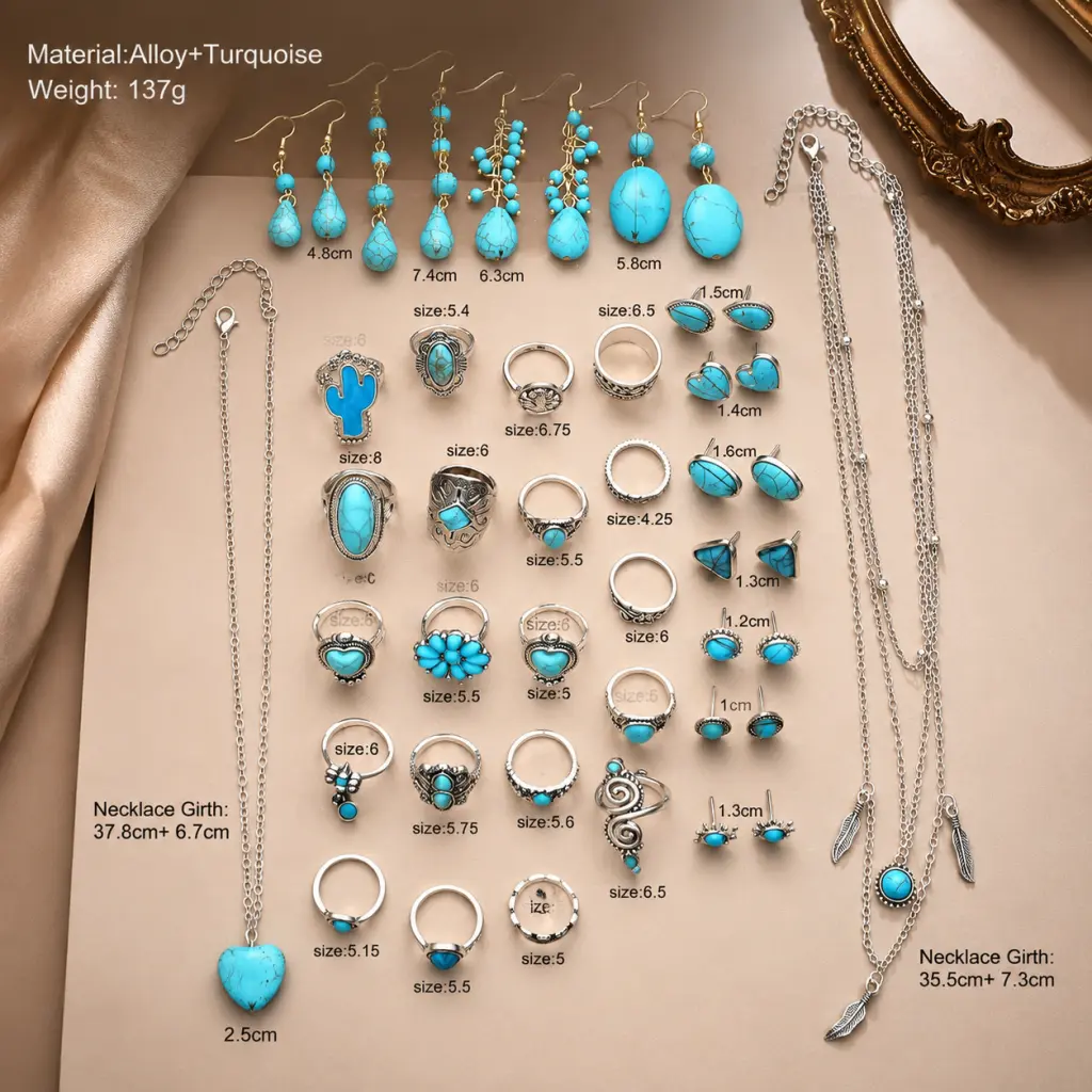 34-piece set including necklace, earrings and ring | Stylish Western jewelry set adorned with elegant turquoise, stackable jewelry perfect for everyday wear, party accessories and casual date ladies' accessories (box not included)., Fashion Jewelry Set, C
