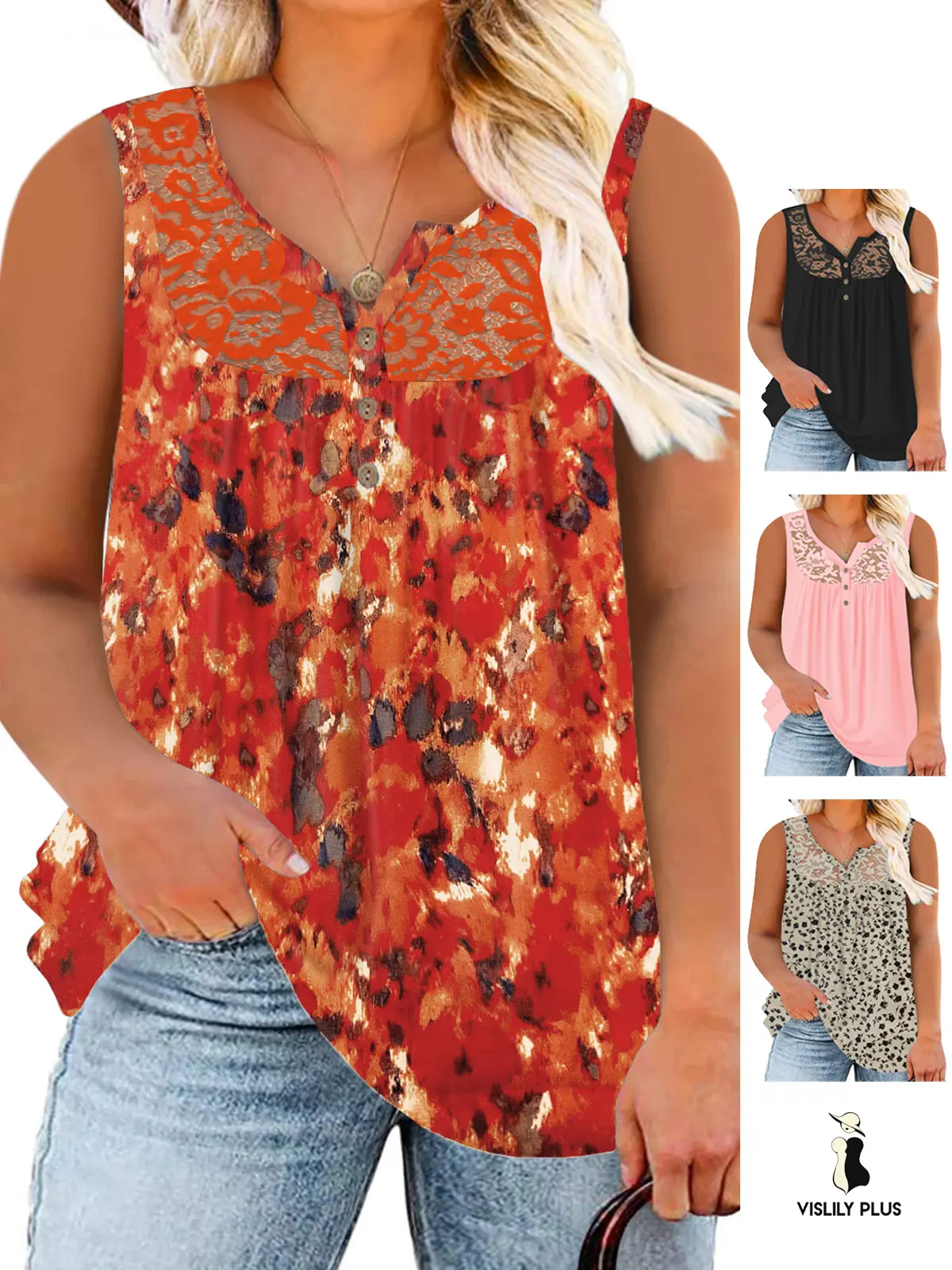 Women’s Plus Size Tank Tops Trendy Summer Sleeveless Henley V-Neck Shirts Lace Pleated Flowy Tunics XL–5XL RPS2085 floral oversized women tshirt,summerwins,summeroutfits,vacationoutfits,beachoutfits summerwins Casual Fit Button Breathable Womenswear