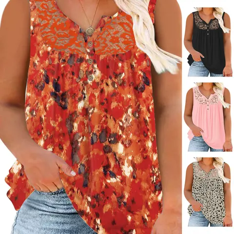 Vislily Women's Plus Size Tank Tops Casual Dressy Holiday, Summer Breathable Soft Stretchy Henley Button V-Neck Lace Pleated Tunic, Flowy Sleeveless Blouse for Tummy Control Relaxed Fit XL-5XL