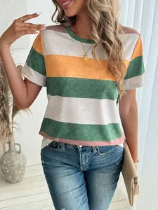 Women's Colorblock Striped Print Round Neck Tee, Casual Short Sleeve Crew Neck T-shirt for Summer, Fashion Women's Top for Daily Wear, Casual Everyday Wear, Casual Stylish, Womenswear
