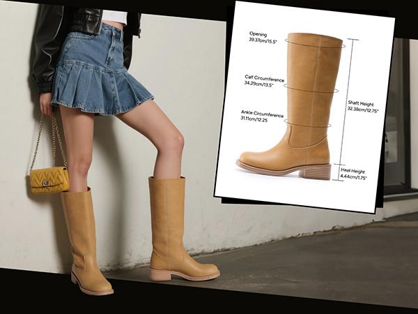 JUST FAB Women's Banana Knee High Boots Square Toe Eco Leather Cowboy Boots, Pull-On Block Heel Western Fashion Boots for Fall Chunky Riding Boots Low Heel Shoe Footwear Stylish Leather Platform Campus Boots for Comfortable Riding Tall Boots BackToSchool