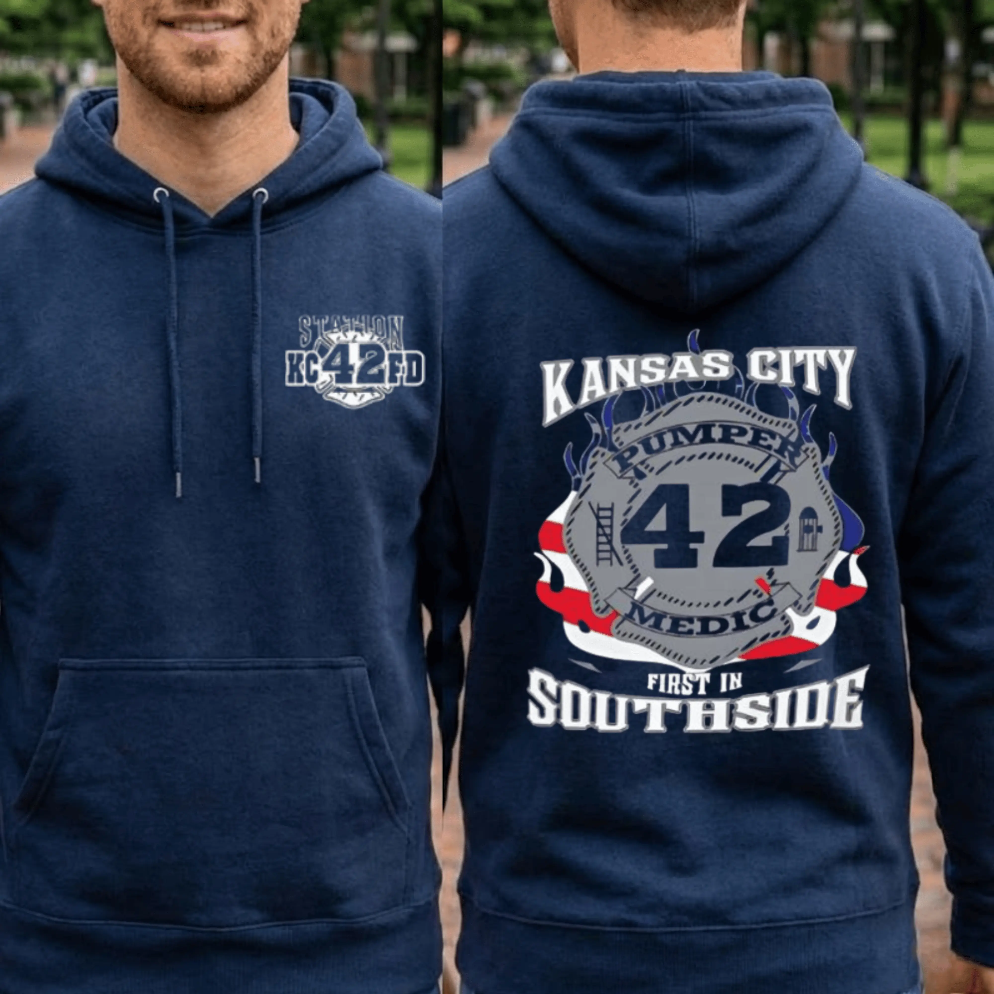 Kansas City Pumper 42 Medic First In Southside Firefighter Hoodie, 2 Sides, Station KC42FD Kansas City Fire Dept Hooded Sweatshirt, KCFD Unit Pride Pullover