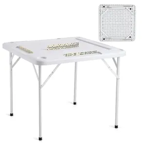 VEVOR Mahjong Table, Square 4 Player Folding Card Table with 4 Cup Holders & 4 Chip Trays, Portable Domino Game Table with 1 Set of Dominoes for Mahjong Poker Puzzles, 35.4 x 35.4-inch, White