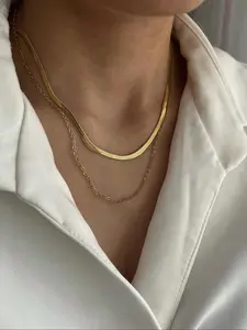 2 Piece Set Stainless Steel Flat Snake Chain Necklace for Women, Stylish Jewelry for Any Occasion