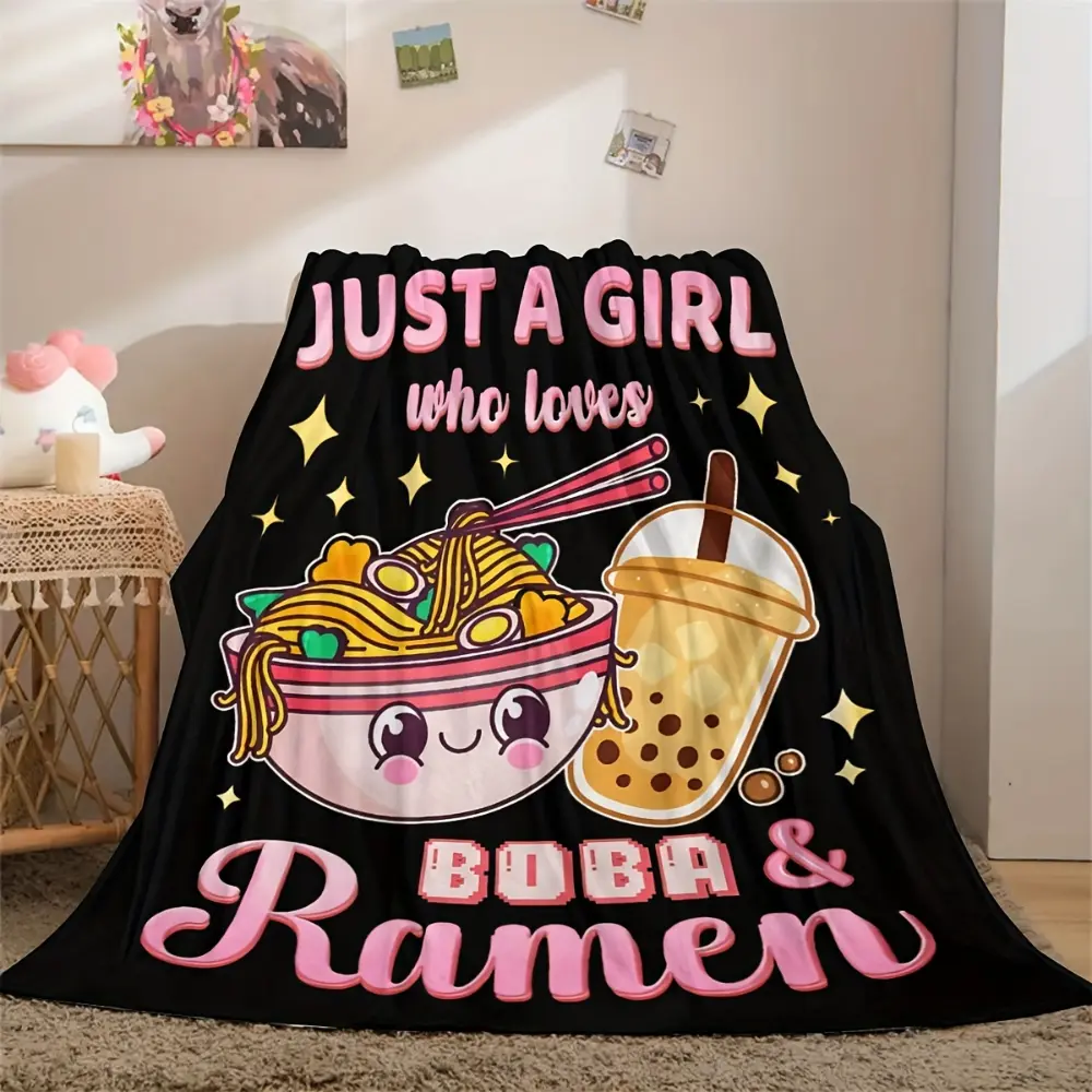 Boba Ramen Blanket, Soft Flannel Throw Blanket with Cute Bubble Tea Noodle Print, Cozy Gift for Girls Women Teens Foodies and Ramen Lovers, Kawaii Room Decor for Bed Couch Sofa Dorm, Lightweight Warm Throw