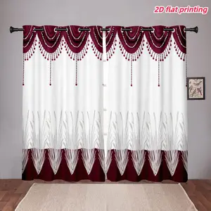 2D Flat 2Pcs 2-piece, modern tassel print curtain panel, elegant faux swag top, with grommet, perforated design, semi sunshade polyester fiber, suitable for home living room, bedroom, balcony, kitchen, study and shower window decoration,