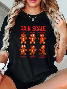 Women's 100% Cotton Breathable Short-Sleeve T-Shirt, Unisex Funny Gingerbread Pain Scale Christmas Nurse Graphic Tee, Everyday Fit Casual Top