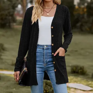 Womens Long Sleeve Cardigan Open Front Button Closure Fall Cardigans for Women with Pockets Casual Coat Fit Sweater