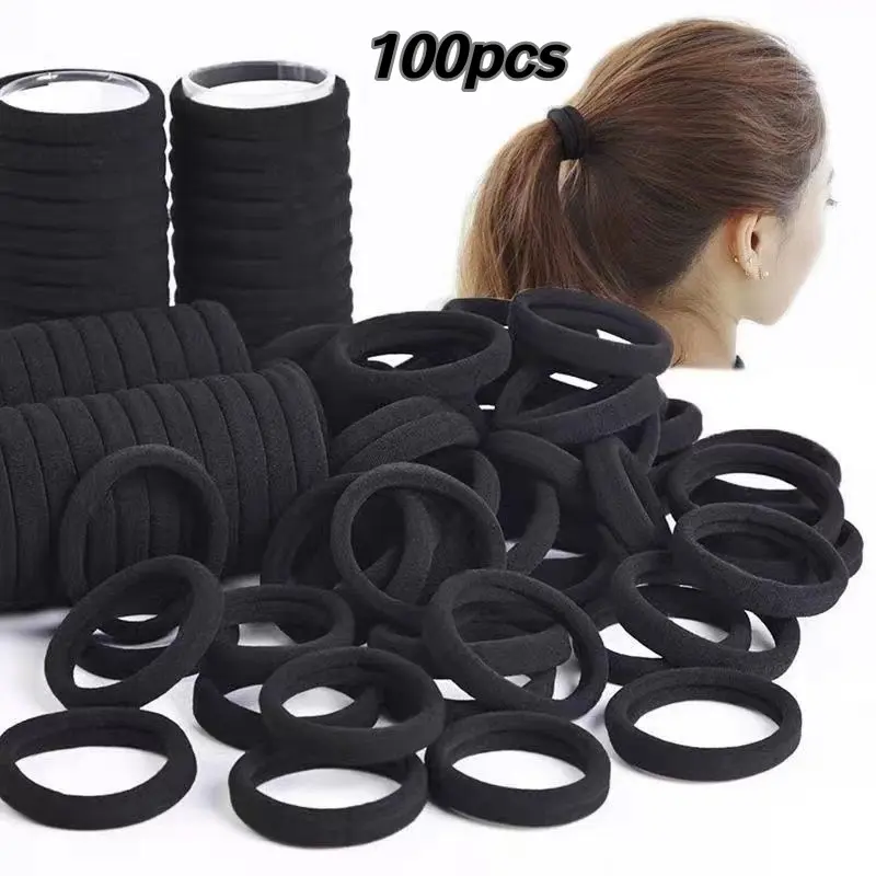 100Pcs Black Thick Hair Scrunchies for Women, High Elastic Ponytail Holders, Strong Hold Hair Ties for Daily, Gym & Sports, Ideal Gift for Her