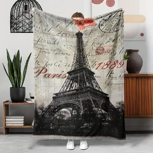 Paris Eiffel Tower design retro flannel blanket - reversible, non-allergenic, all-season gift, multi-purpose, suitable for naps, sofas, travel, soft and lightweight polyester woven bedding