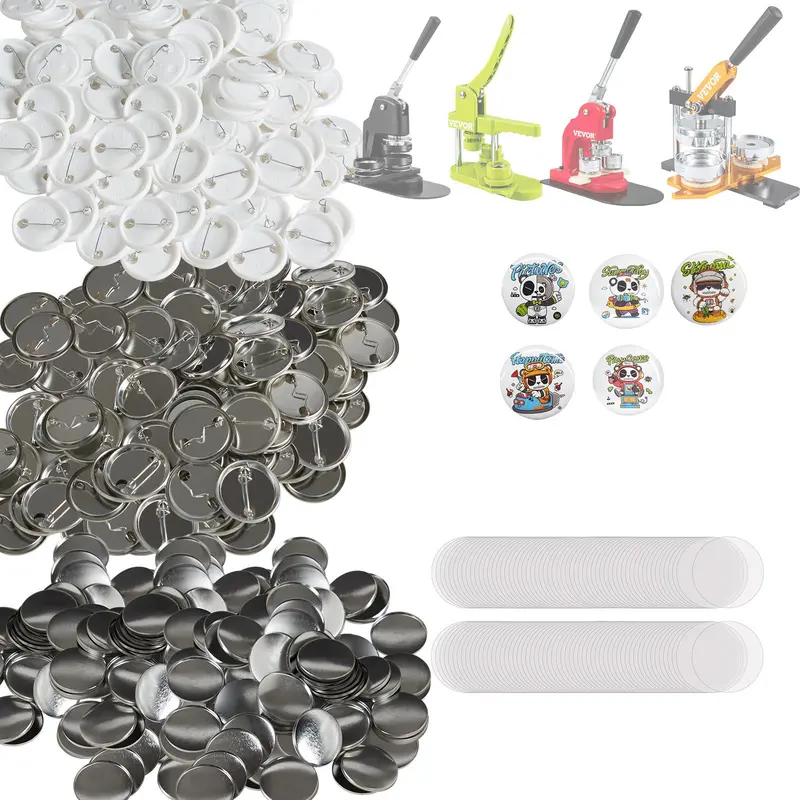 VEVOR 500-Set 1.25in (32mm) Circle Pin Back Parts DIY Kit for Button Maker Machine, Crafts, Friends & Wife, Includes Metal Top, Plastic/Metal Fastener, Transparent Film & Blank Paper (Food Craft Compatible)