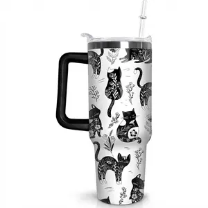 Boho Kitty 40oz Insulated Stainless Steel Tumbler with Handle & Straw, Vacuum Travel Coffee Mug, Cute Cat Lover Gift for Women & Girls