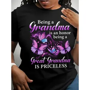 Women's Casual Crew Neck T-Shirt, Alphabet & Butterfly Print, Short Sleeve Tee, with "Being a Grandma is an Honor, Being a Great Grandma is Priceless" for All Seasons