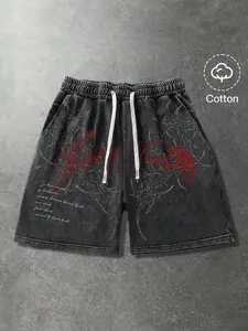 Y2K Gothic Thorn Totem Shorts, Washed Cotton Loose Street Style Unisex Casual Shorts, Drawstring Waist, Graphic Pattern, Short Length, Graphic Print Shorts, Loose Fit Shorts