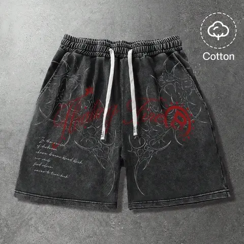 Y2K Gothic Thorn Totem Shorts, Washed Cotton Loose Street Style Unisex Casual Shorts, Drawstring Waist, Graphic Pattern, Short Length, Graphic Print Shorts, Loose Fit Shorts, Drawstring Waistband Shorts, Casual Streetwear Shorts
