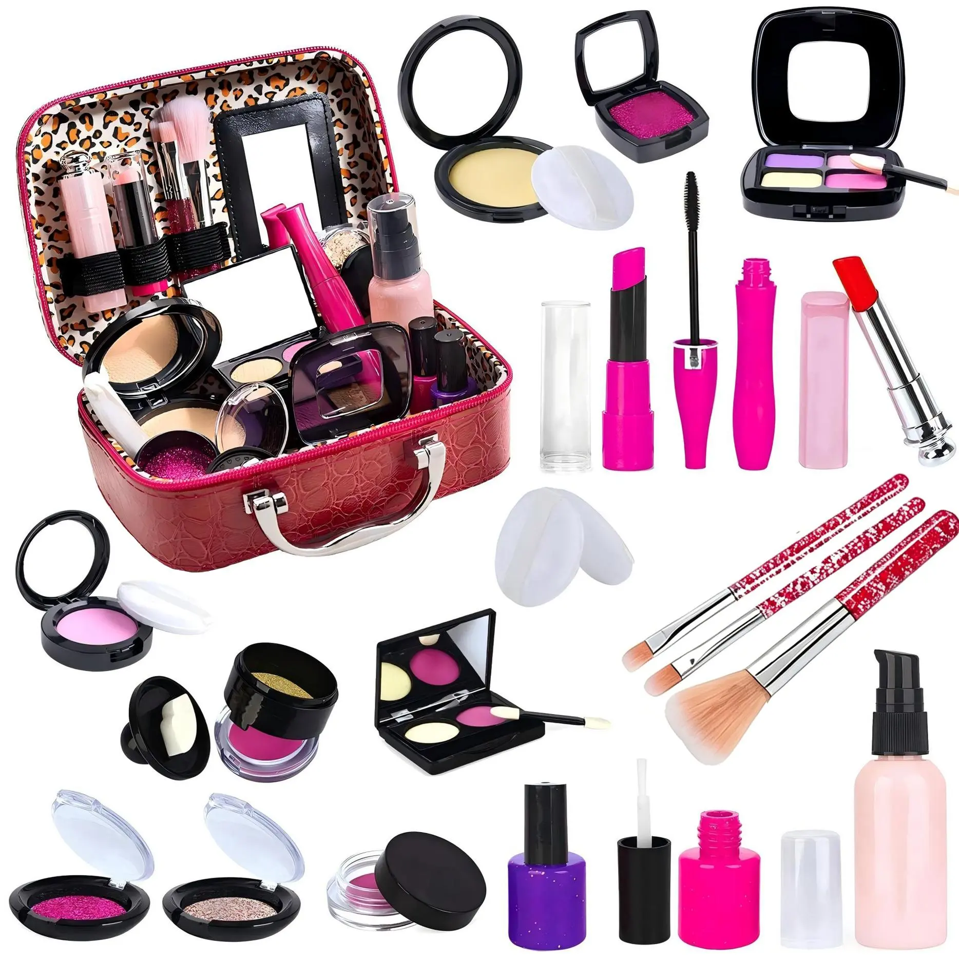 21-Piece Kids' Pretend Play Makeup Set, Red/Orange Cosmetic bag with Safe Eyeshadows, Powder & Brushes,Simulated Makeup Kit for Girls