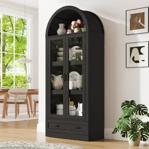 2 Door/3 Door Arched Kitchen Cabinet w Load-Bearing Steel Pipe,Modern Farmhouse Kitchens Storage Cabinet with Drawer and Glass Doors,Tall Arched Bookcase,Pantry Organizer(Woodgrain Black/Natural/Rustic Brown)