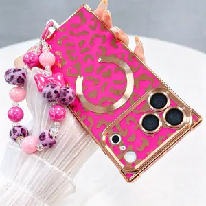 Luxury Leopard Print Shiny Square Smartphone Case & Matching Beaded Bracelet Set, MagSafe-Compatible, Full-Body Protective Cover for iPhone 13,14,15,16 Pro Max, Mobile Phone Accessories for Devices with Enhanced Protection