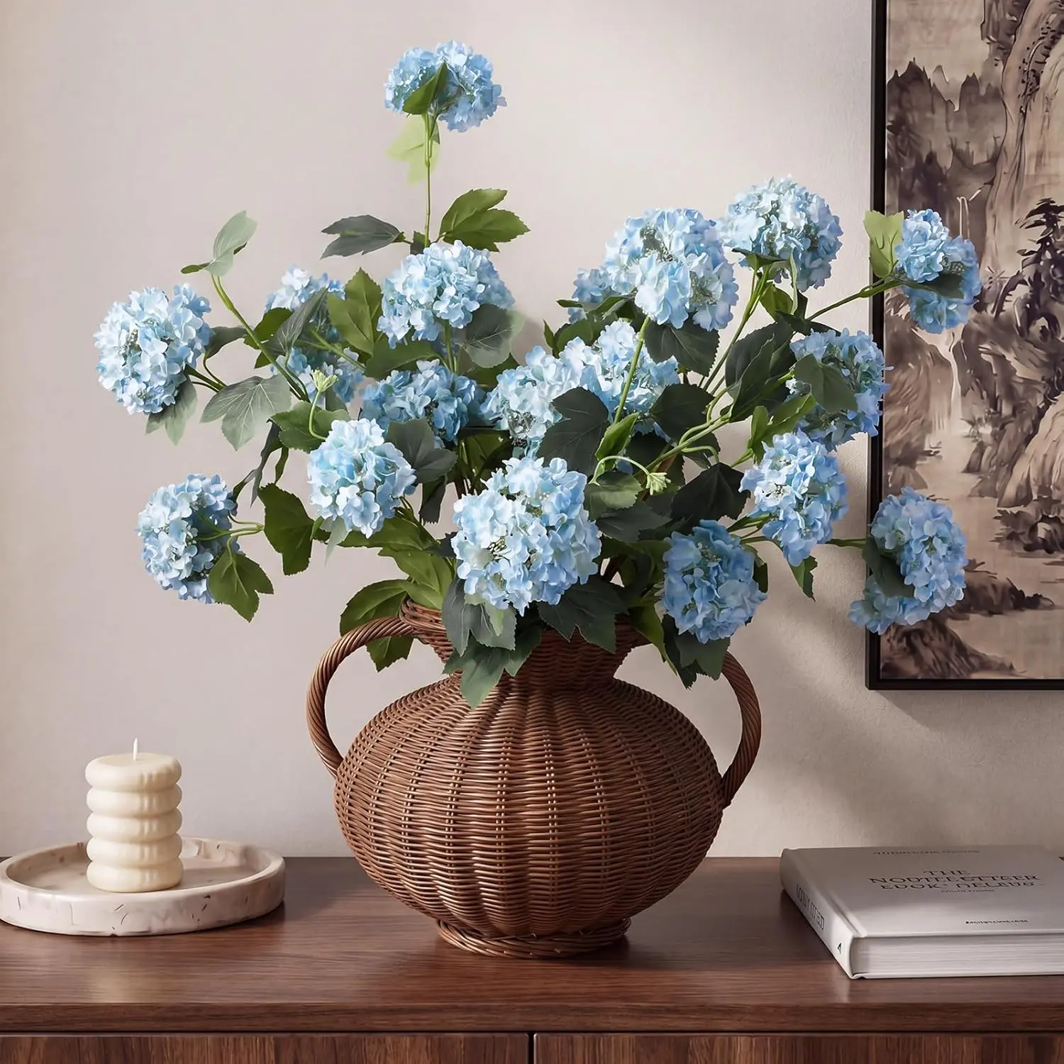 4 Pcs 33" Tall Artificial Snowball Hydrangea Flowers, Silk Hydrangeas with 20 Heads Long Stem for Tall Vase Decor, Wedding Table Centerpiece, Outdoor Living Room Arrangement(White Blue)